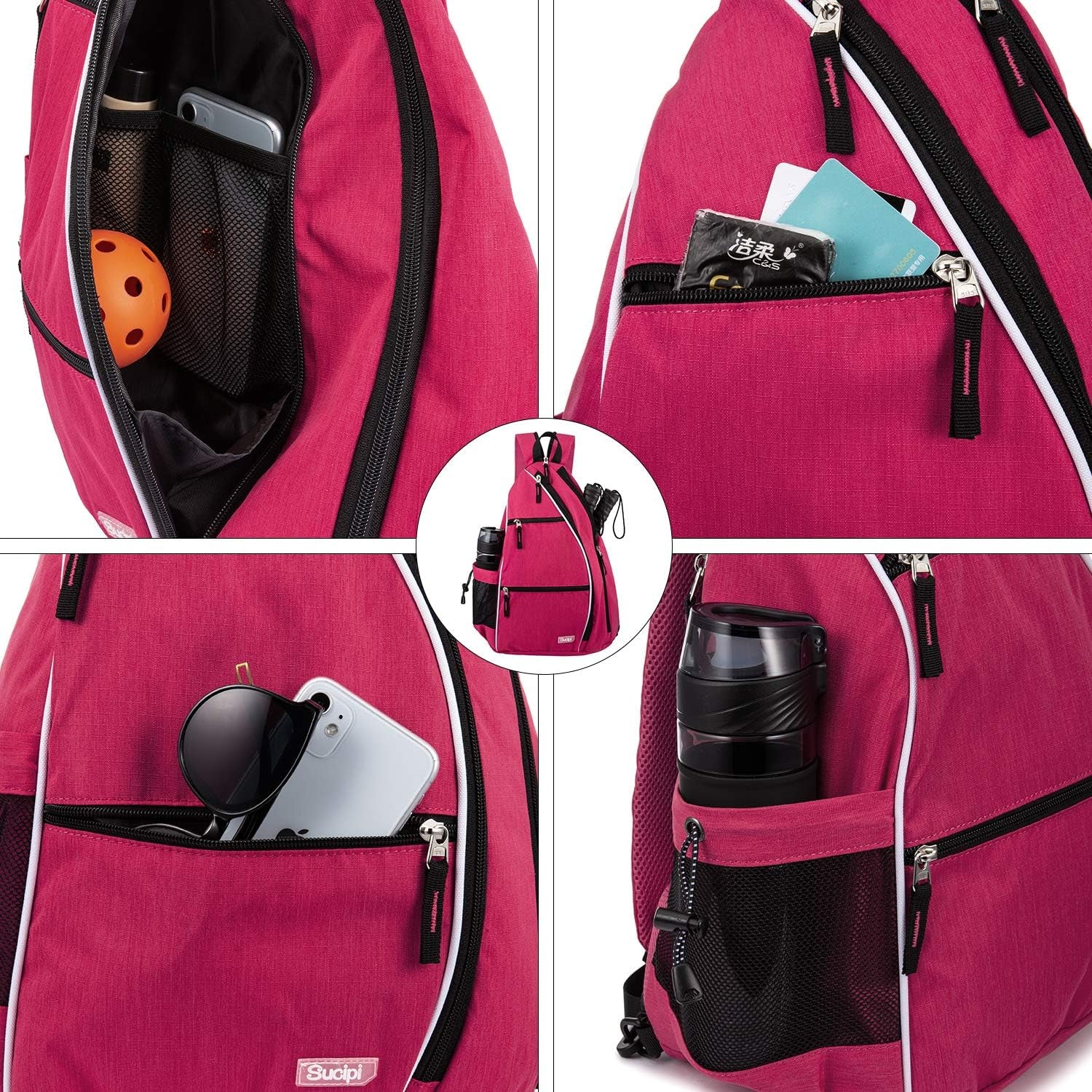 Reversible Sling Bag for Pickleball & Racketball - Travel Sport Sling Backpack for Women - Pink